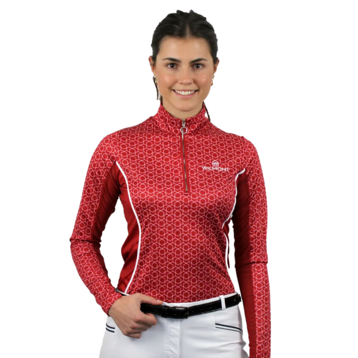 Red geometric long sleeve with mesh panelling. 