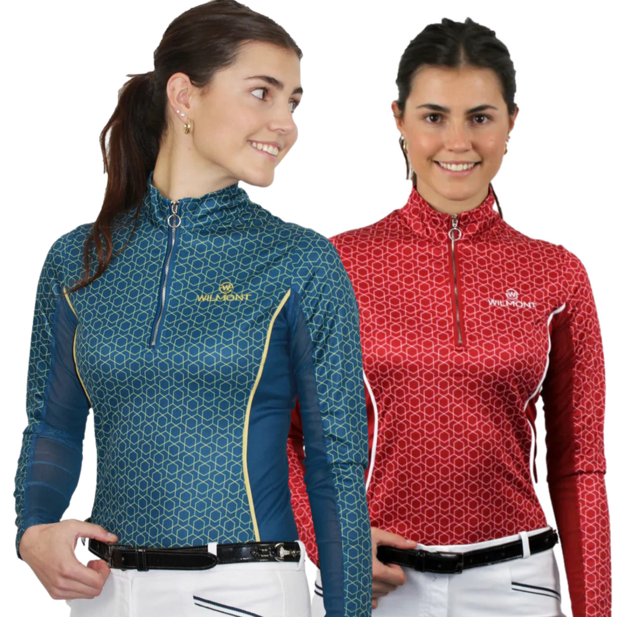ladies wearing blue and red equestrian sunshirts