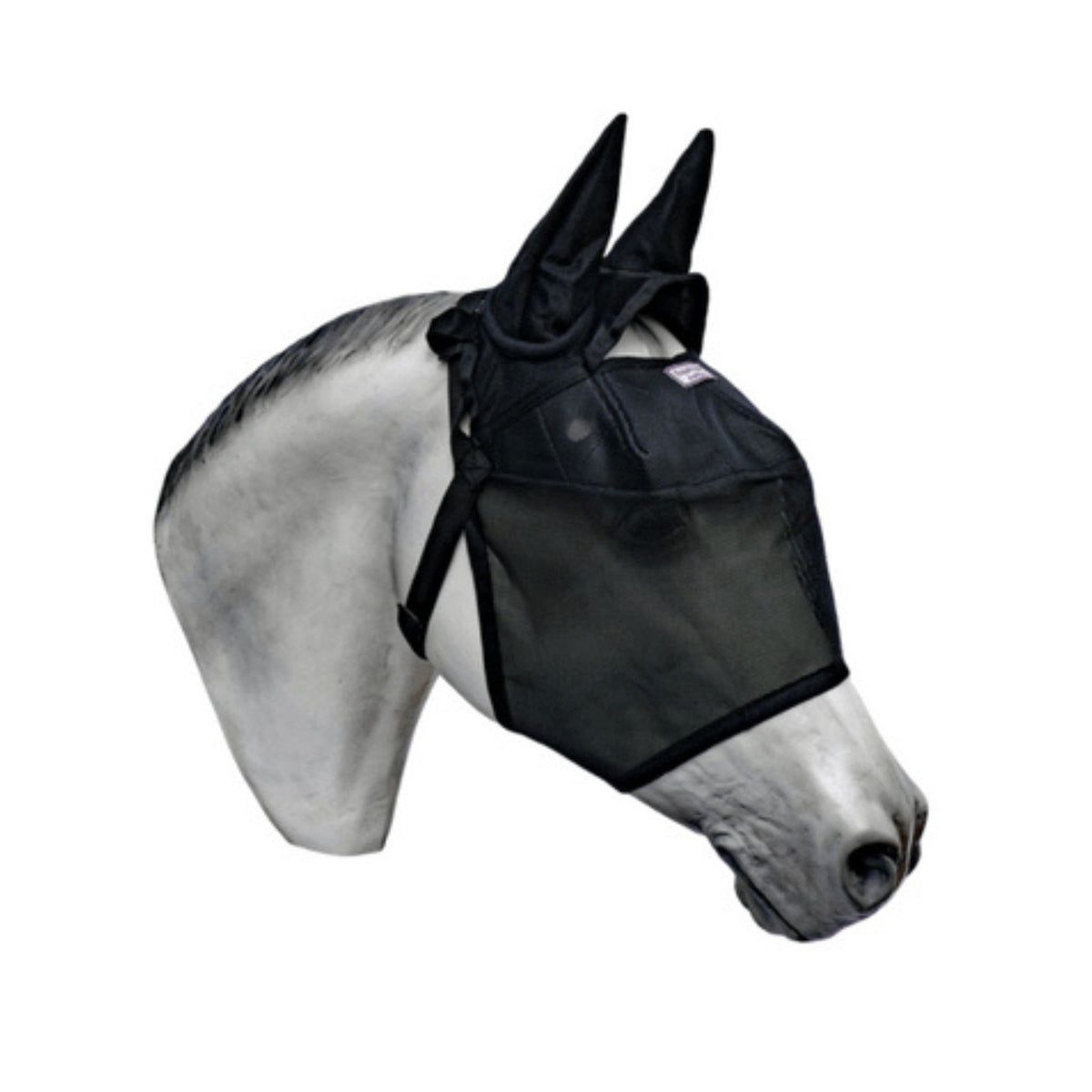 Side of model horse with black fly mask with ear covering component.