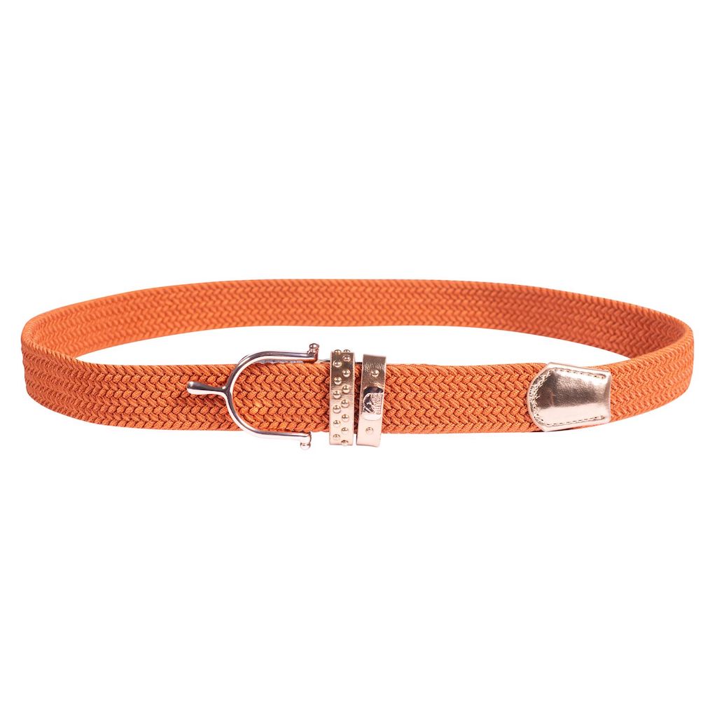 Vibrant orange belt with rose gold trim and a silver spur buckle