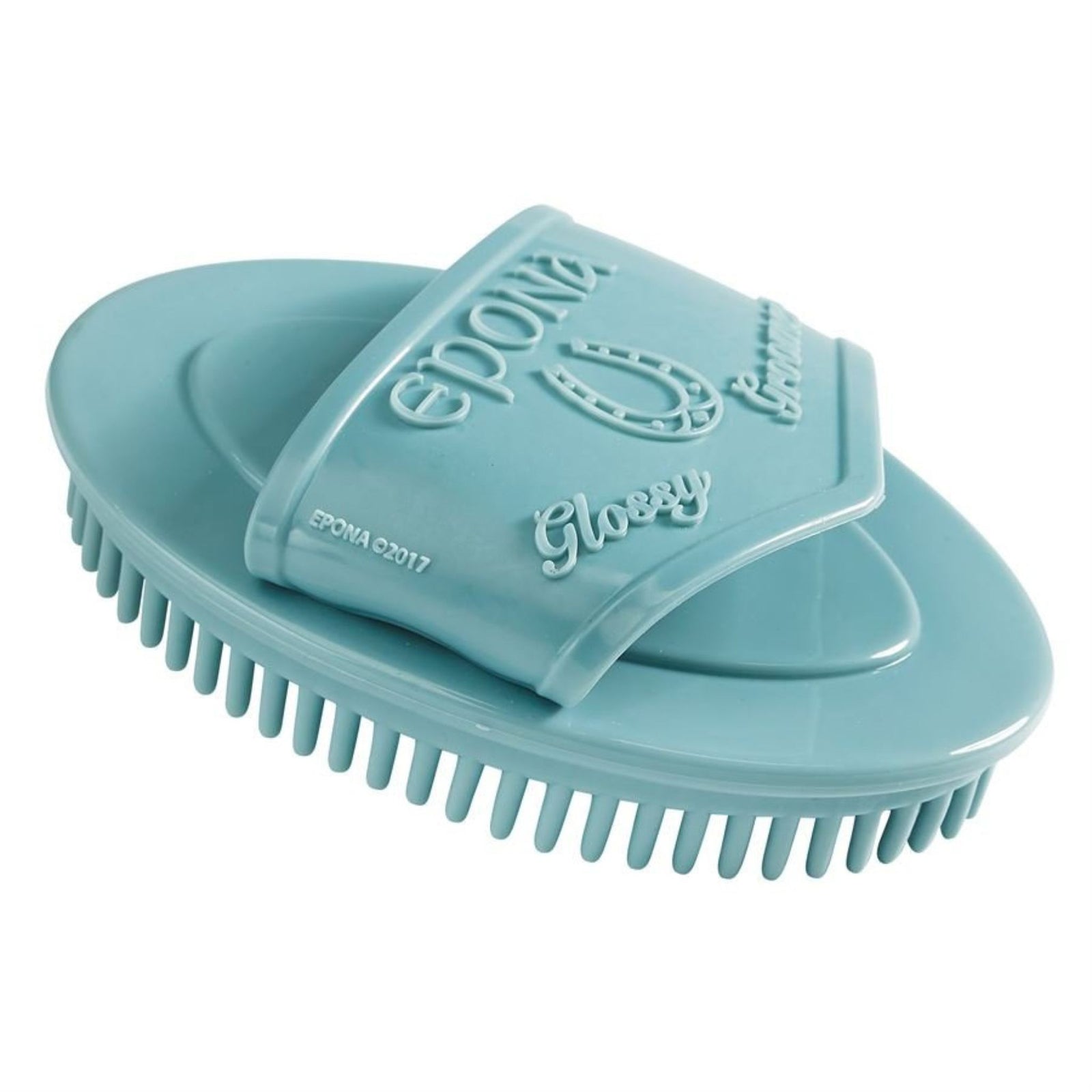 Light blue rubber curry comb with silicone hand strap and text.