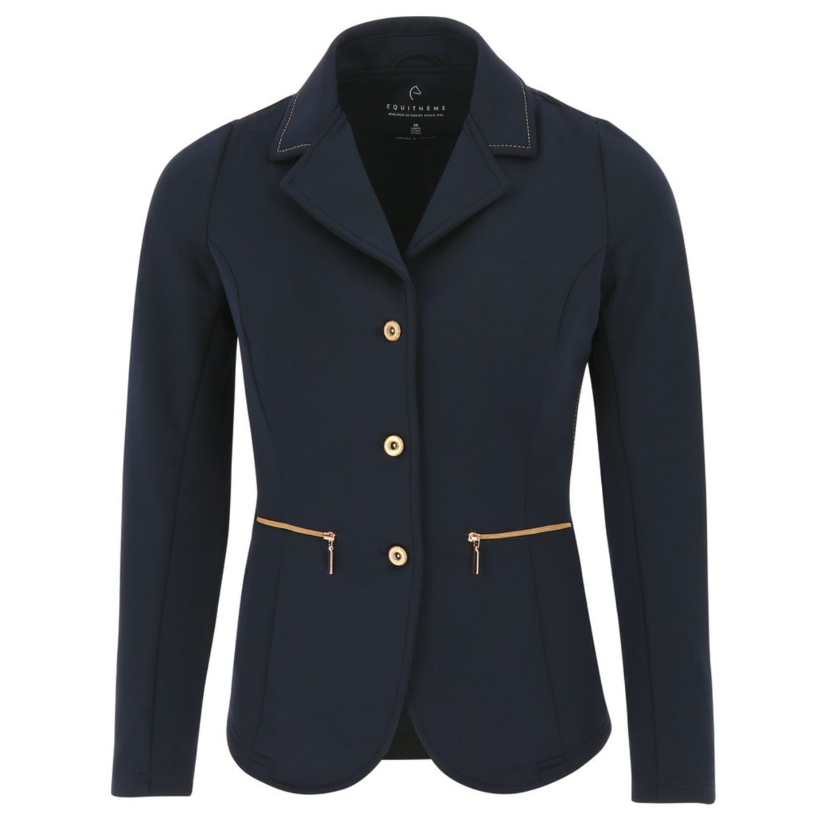 Navy Jacket with rose gold buttons, zippers and collar stitching.