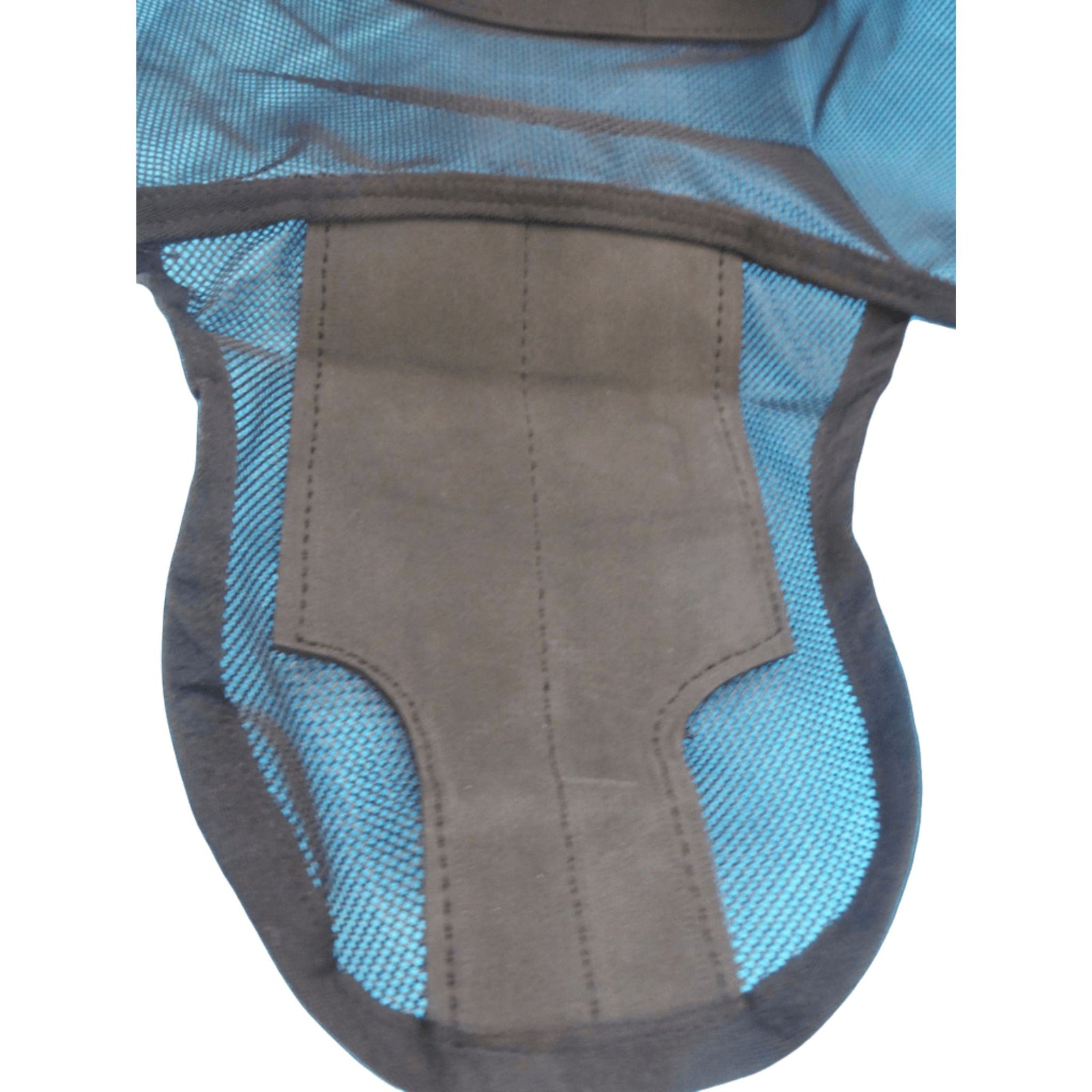 Horse model wearing black fly mask with ear coverings and nose flap.