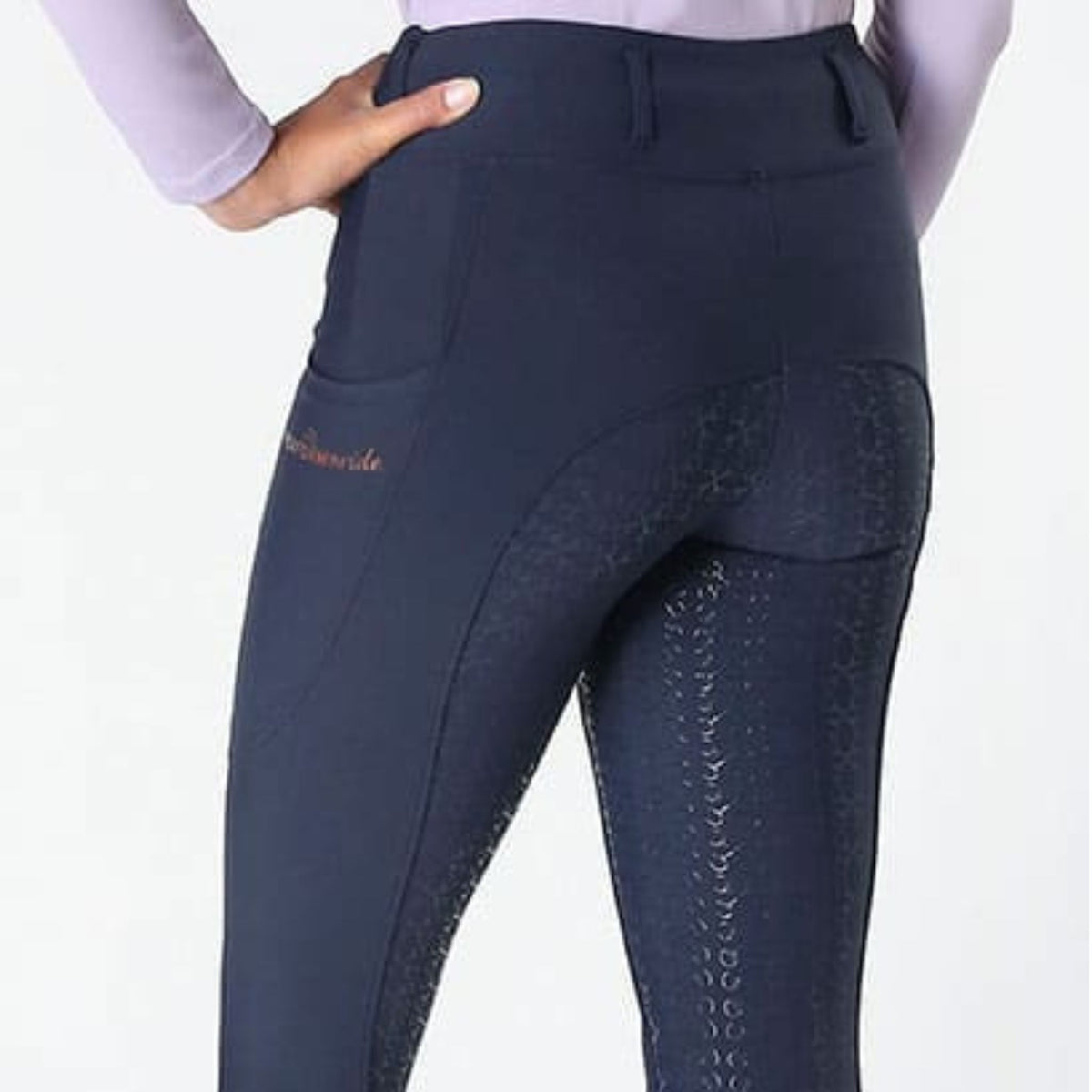 Back of navy riding tights with grip seat and belt loops.