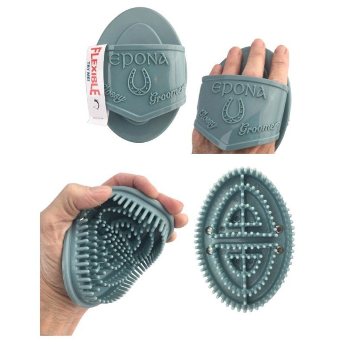 Four views of a rubber curry comb, with hand under silicone strap.