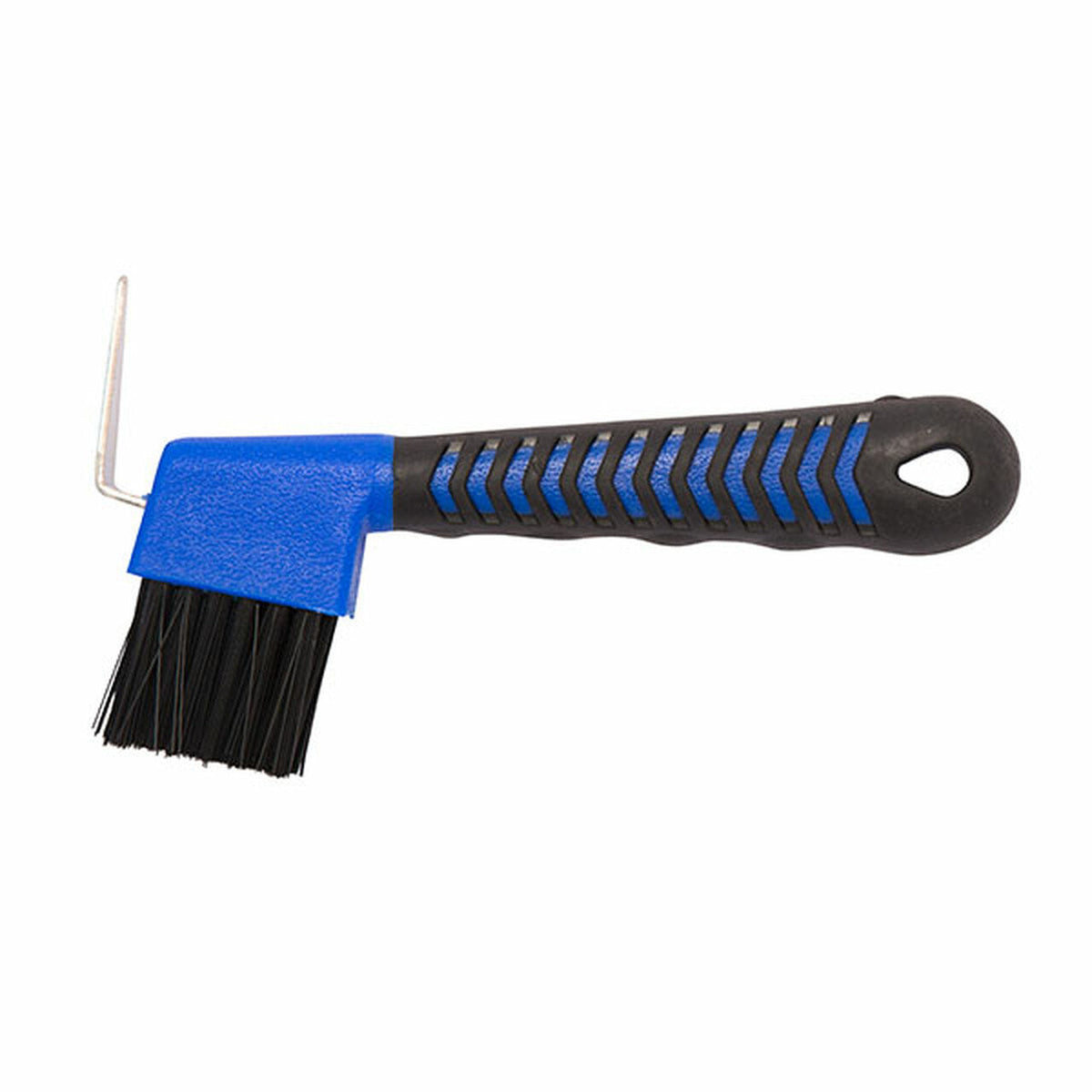 Side view of blue hoof pick with black shaped handle and bristles.