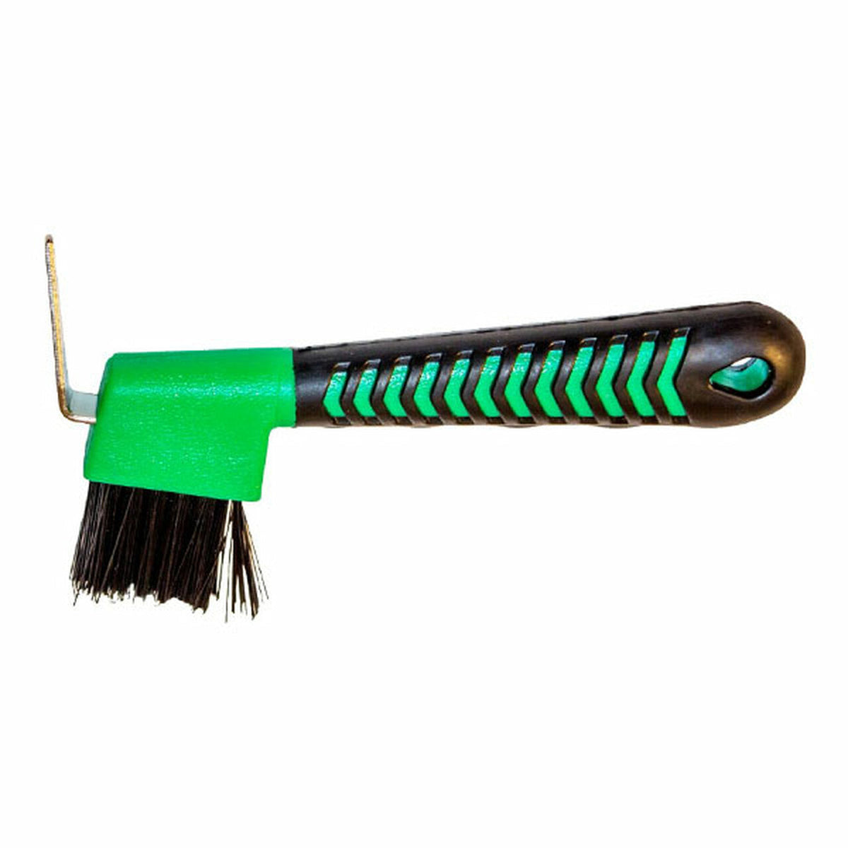 Side view of green hoof pick with black shaped handle and bristles.