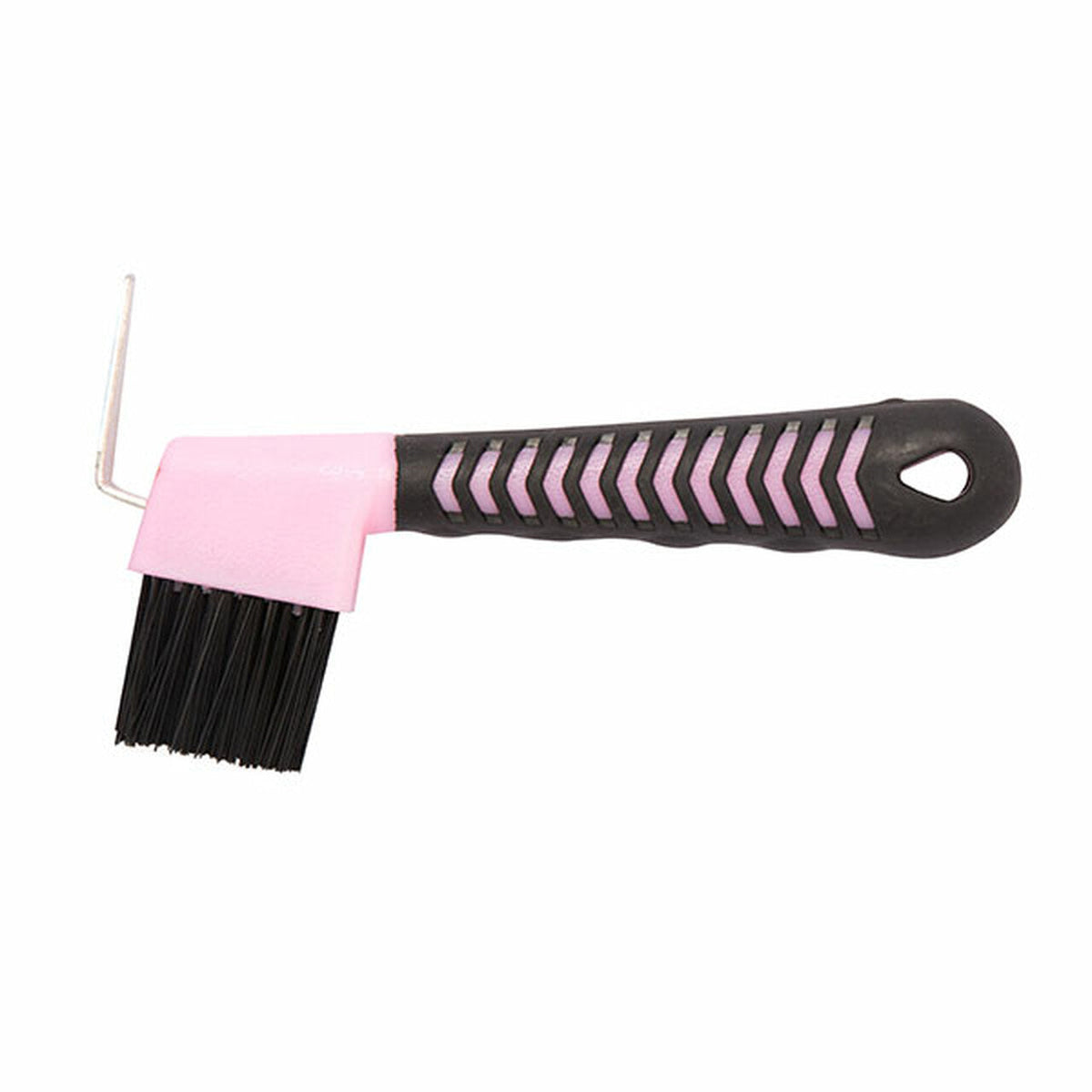 Side view of pink hoof pick with black shaped handle and bristles.