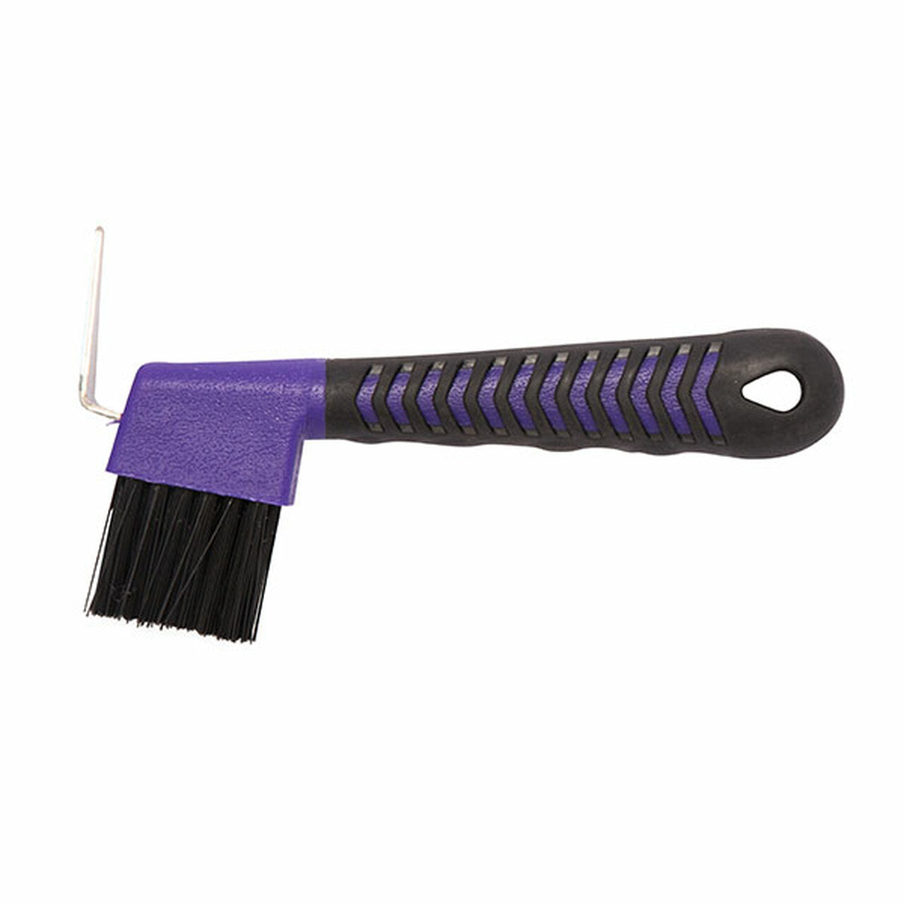 Side view of purple hoof pick with black shaped handle and bristles.