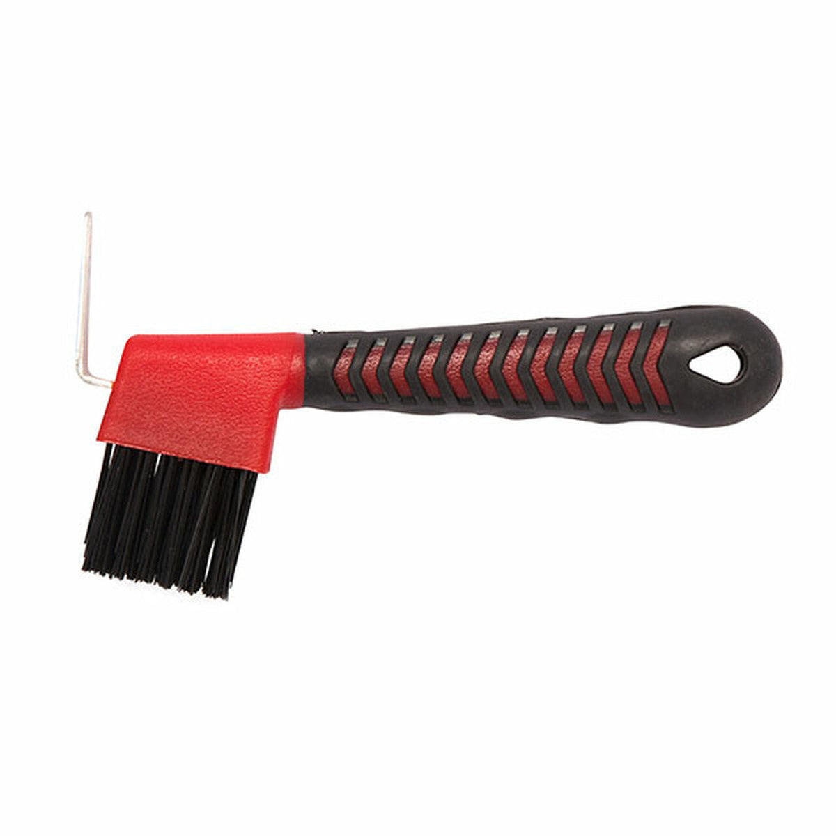 Side view of red hoof pick with black shaped handle and bristles.