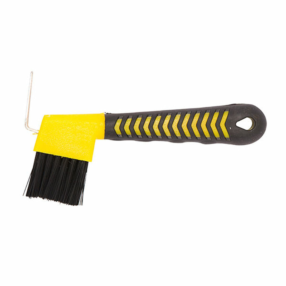 Side view of yellow hoof pick with black shaped handle and bristles.