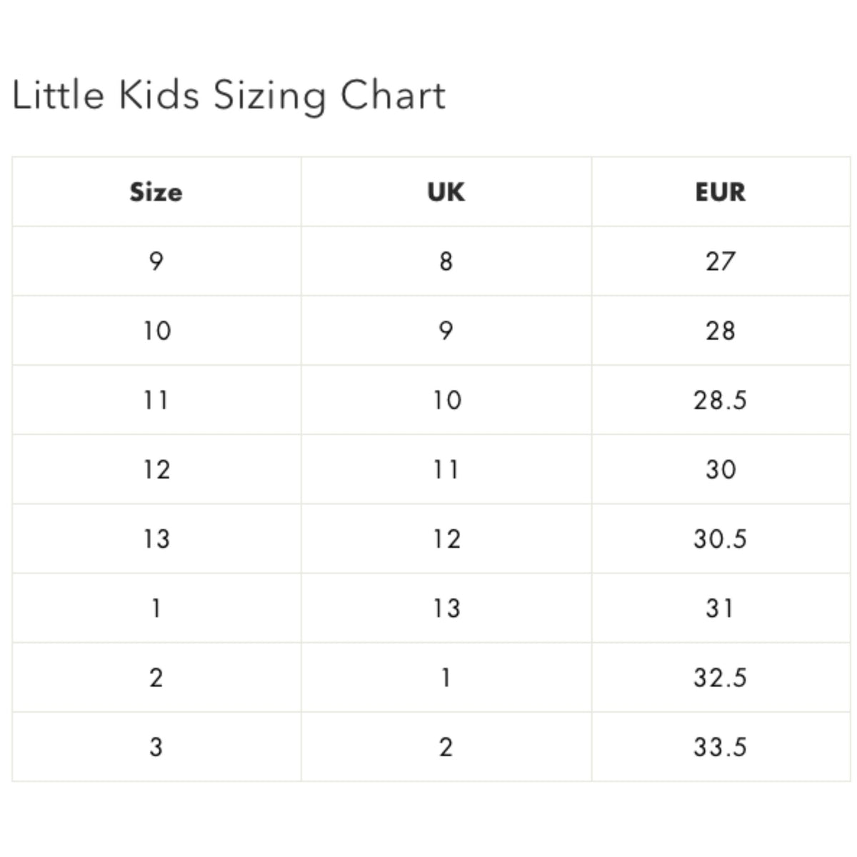 Sizing guide for small kids.