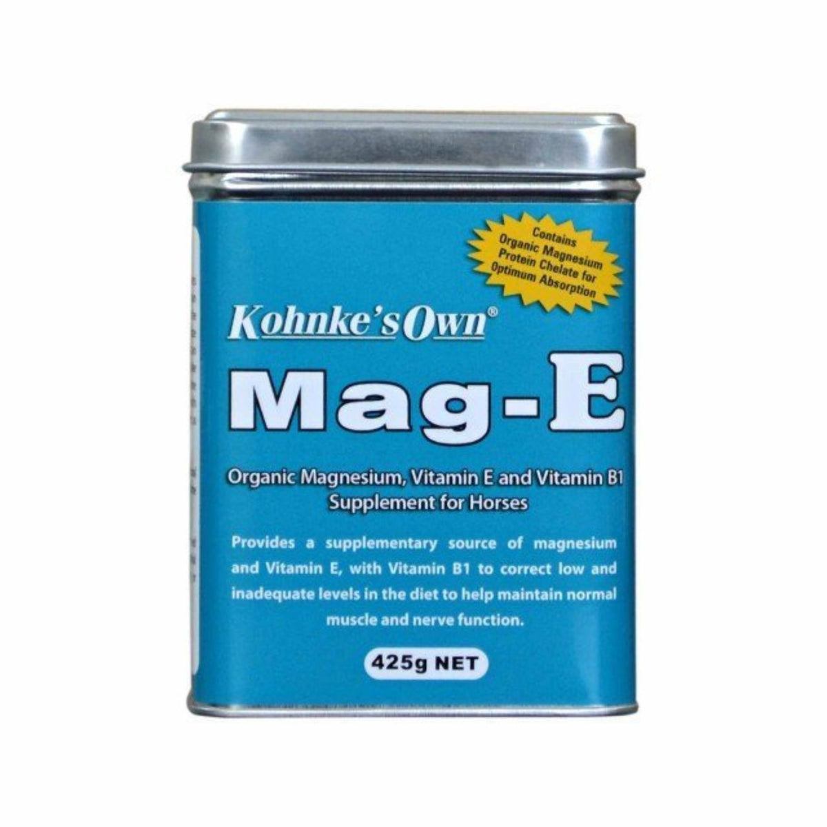 Small rectangular tin of Mag-E with blue label and white text.