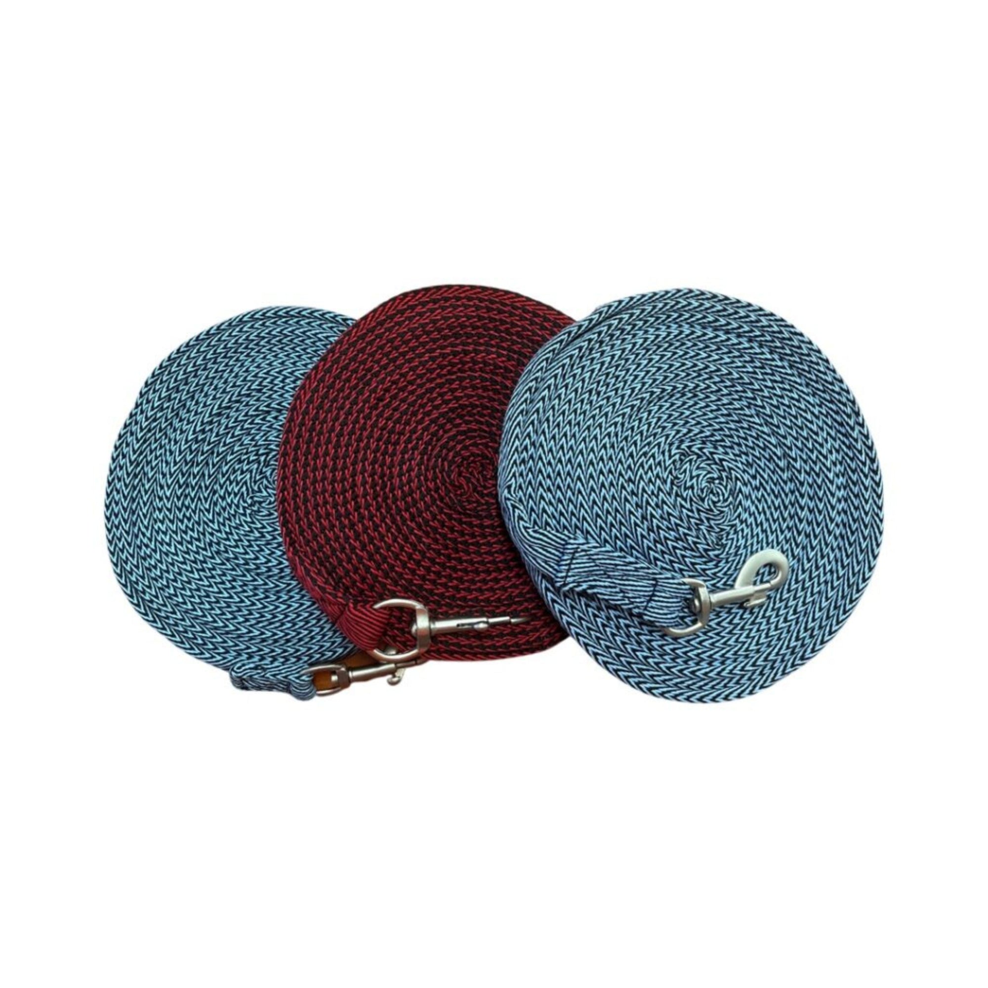 Aqua and navy lunge line with silver clip and loop at end.