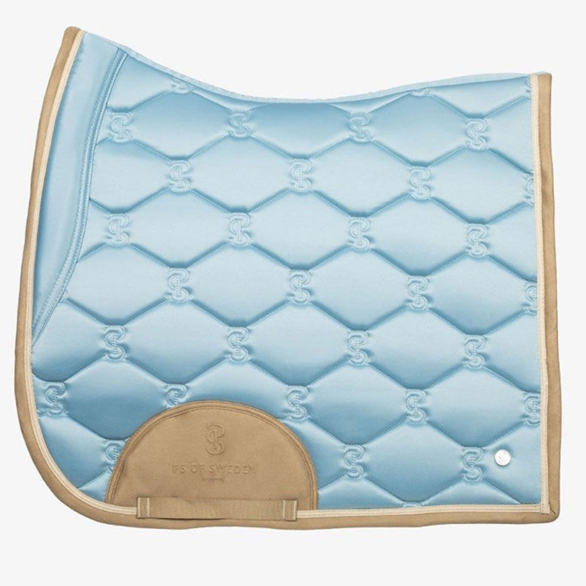 front view of psos stone blue dressage saddle pad.