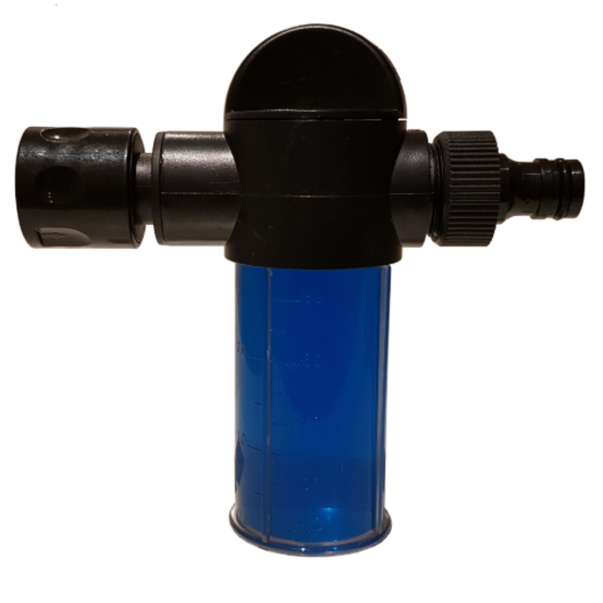 Black hose connector with clear shampoo container.