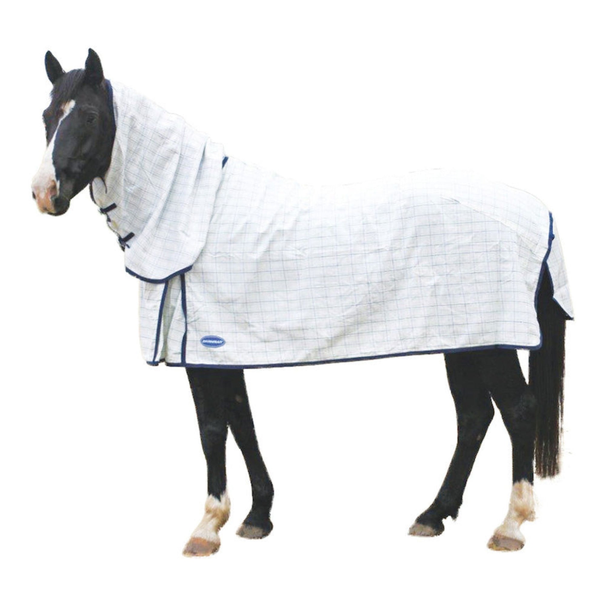 White cotton with green and navy check and navy binding on black horse