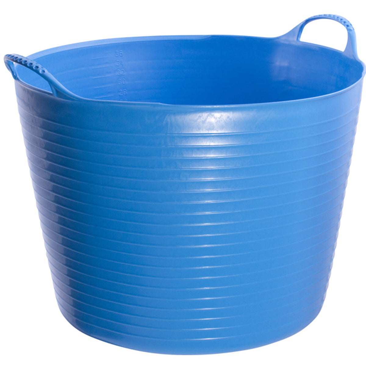 Large blue bucket with measurements on inside and two curved handles.