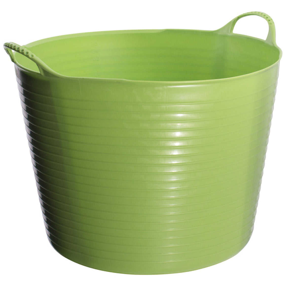 Large green bucket with measurements on inside and two curved handles.