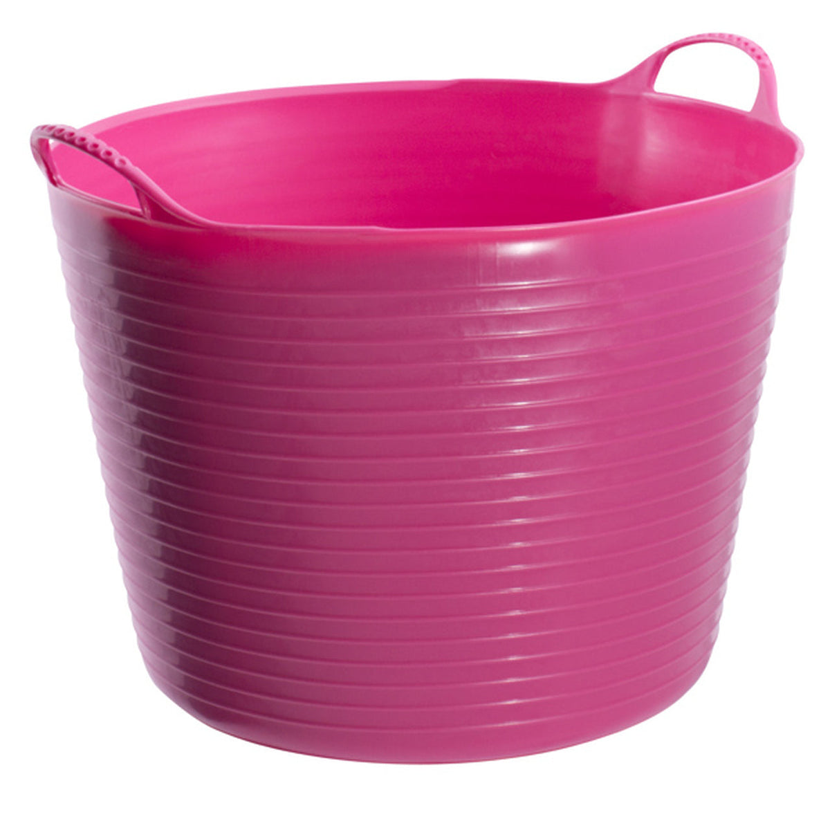 Large pink bucket with measurements on inside and two curved handles.