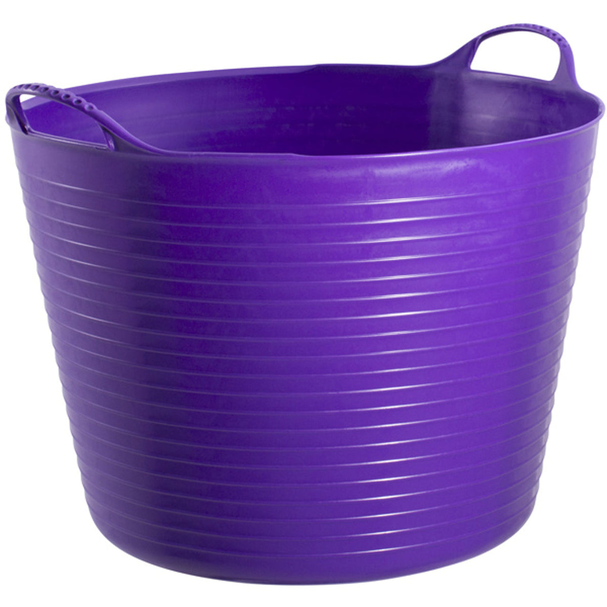Large purple bucket with measurements on inside and two curved handles.