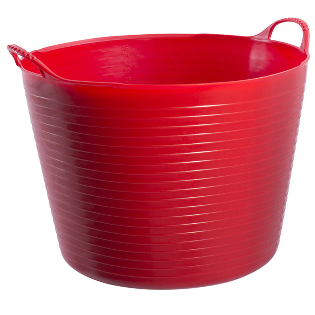Large red bucket with measurements on inside and two curved handles.