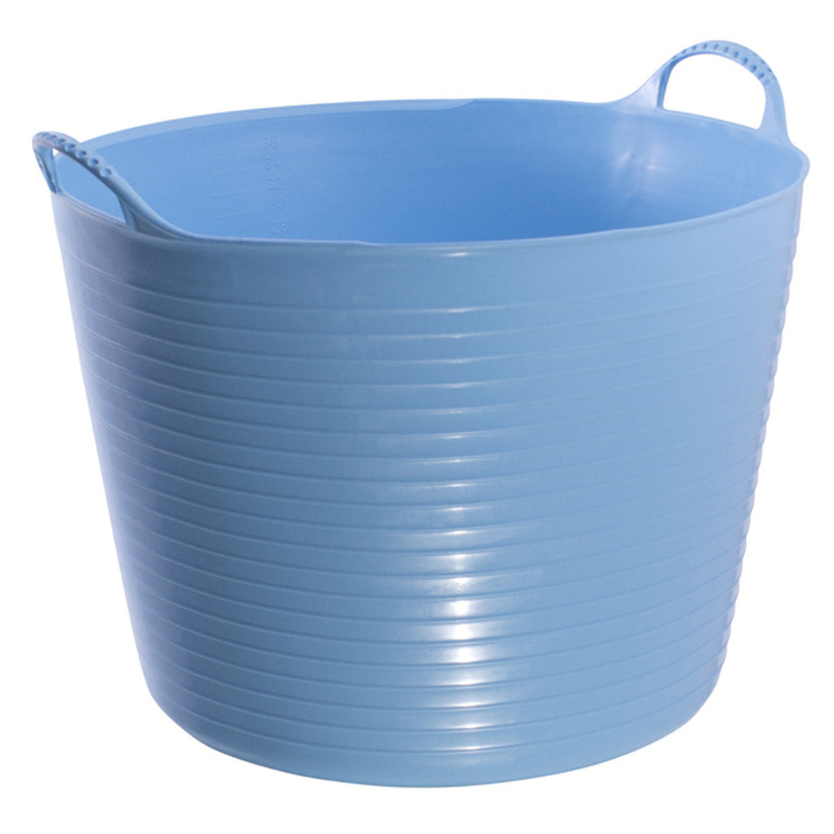 Large light blue bucket with measurements on inside and two curved handles.