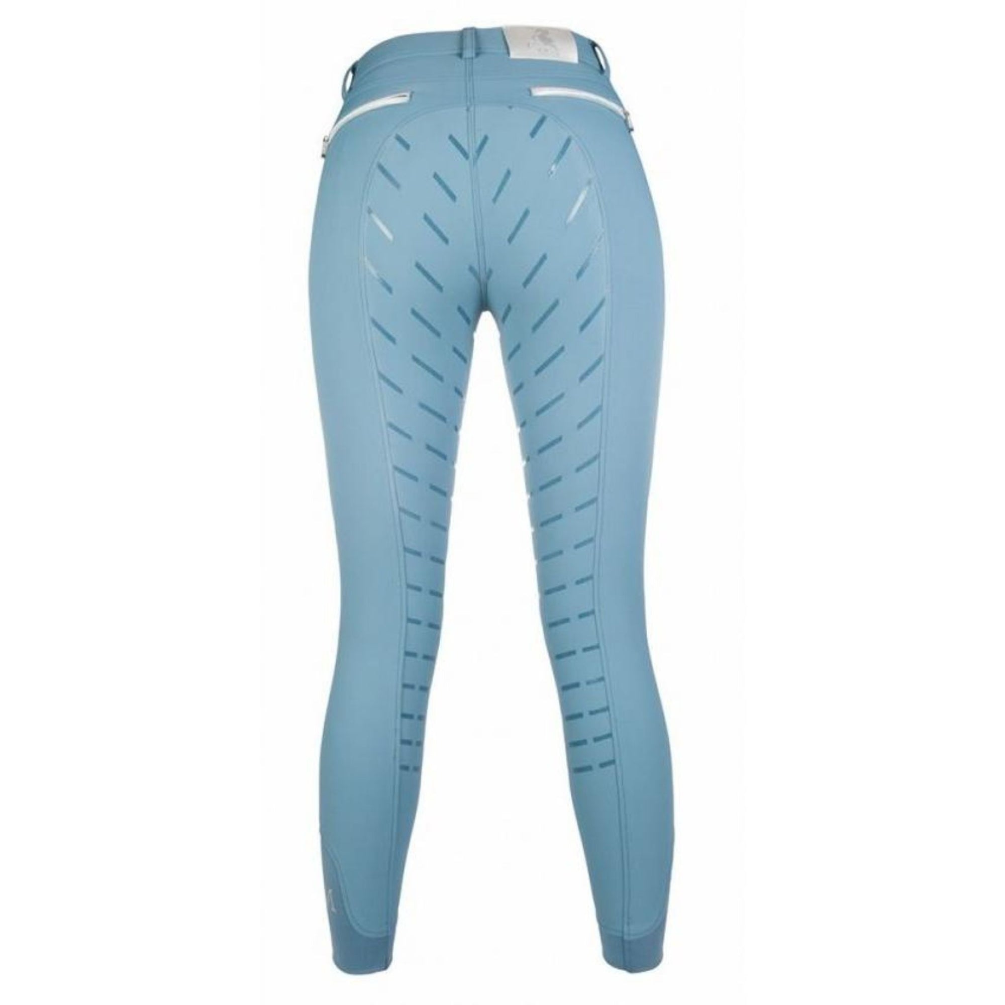 Smokey blue breeches with silicone stripped seat and white back zippers.