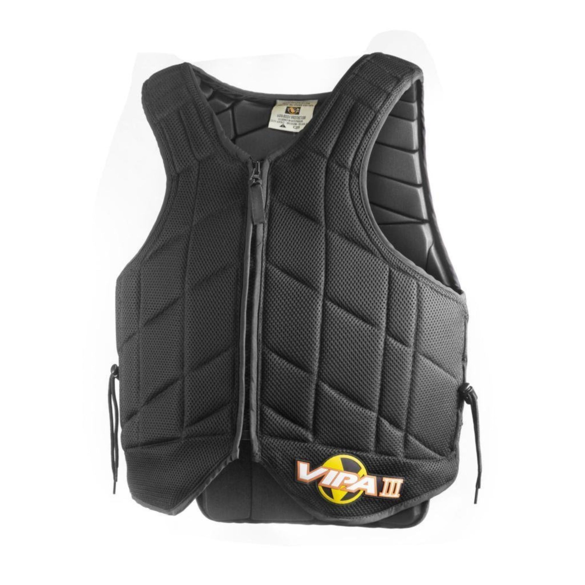 Black vest with yellow vipa 3 logo on the botton left side
