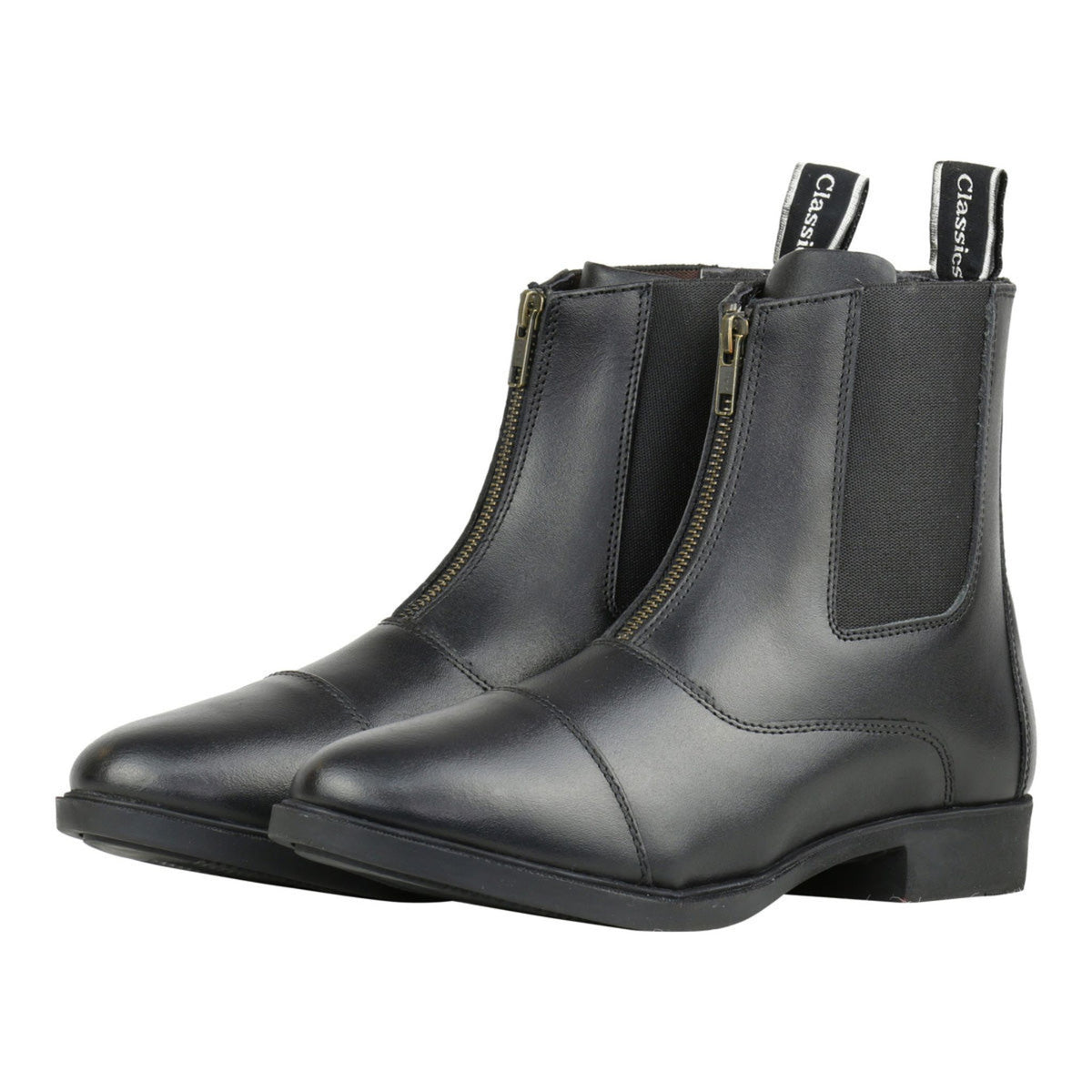 Black jodhpur boot with zip front and tabs at back.